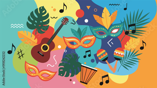 Vibrant collage of festival elements including carnival masks, a guitar, drums, maracas, and tropical leaves for a musical celebration.