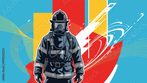 Brave firefighter in full protective gear and helmet standing against an abstract background with fire and water elements.
