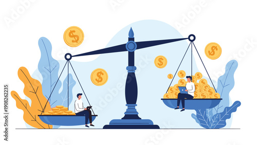 Two people sitting on large scales of justice comparing stacks of gold coins representing economic inequality and financial balance.
