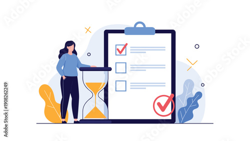 Young woman standing next to a large clipboard with a checklist and an hourglass symbolizing deadline and time management.