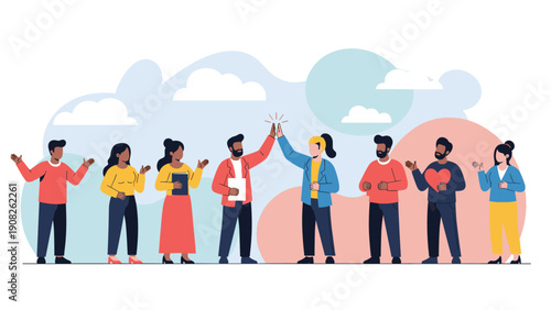 Group of diverse business colleagues and friends giving high-fives and celebrating a successful team project achievement.