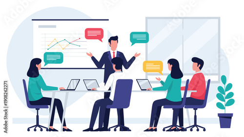 Professional business presenter explaining data charts and graphs to a team of employees during an office board meeting.