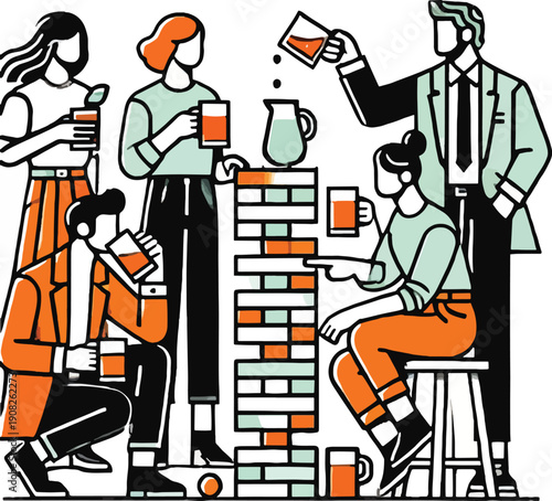 Friends playing Jenga and drinking beverages game tower