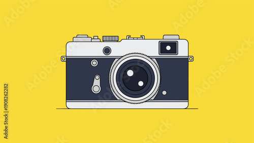 Classic vintage camera illustration with a lens and viewfinder on a bright yellow minimalist background for photography themes.