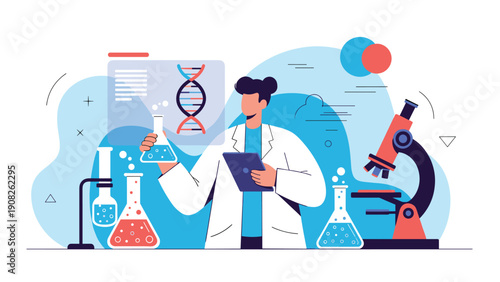 Professional scientist holding a chemical flask and using a digital tablet in a laboratory for advanced scientific research.
