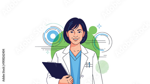 Confident female medical professional or scientist in a white coat holding a clipboard against a modern abstract background with circles.