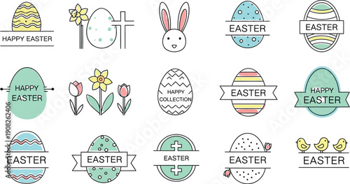 Collection of charming minimalist line art icons featuring various decorated easter eggs religious symbols flowers and cute bunny faces perfect for holiday design elements