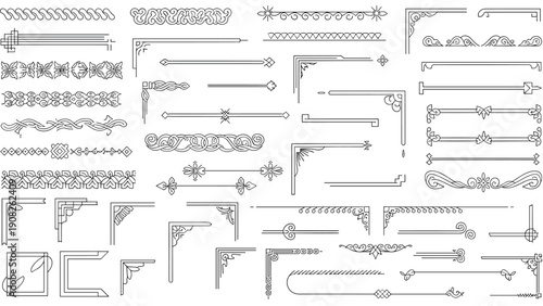 Large collection of ornate black and white decorative corner designs and horizontal border lines for classic graphic design projects.