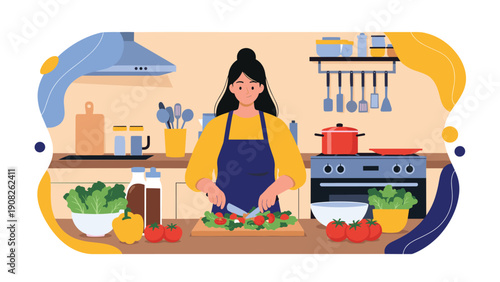 Skilled woman wearing an apron prepares a healthy meal by chopping fresh vegetables on a cutting board in a well-equipped kitchen.