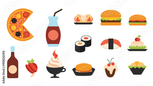 Diverse assortment of popular food and beverage icons including pizza, burgers, sushi, cake, and drinks for restaurant menu design.