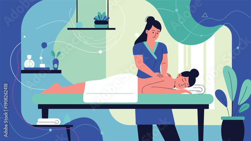 Relaxed woman receiving a professional back massage from a therapist in a peaceful spa environment with soothing colors and plants.