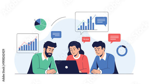 Diverse business team collaborating and analyzing colorful data charts and graphs on a laptop screen for a professional project.