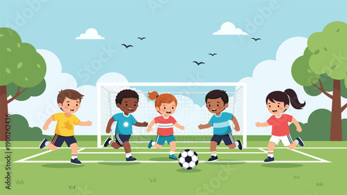 Diverse group of happy children playing a friendly soccer match on a green field with a goal and trees in the background.