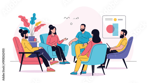 Diverse group of people sitting in comfortable chairs participating in a support group therapy session or a community discussion.