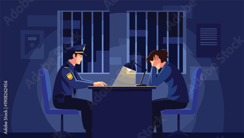 Serious police officer interrogating a distressed suspect in a dimly lit room with a desk lamp and barred windows in the background.