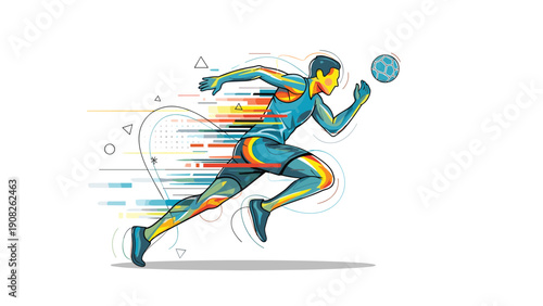 Dynamic illustration of an athlete running with high speed, featuring colorful energy trails and geometric shapes against a clean background.