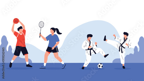 Group of active individuals participates in various sports including basketball, badminton, soccer, and martial arts for fitness.