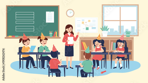 Elementary school teacher leads a classroom of young students wearing colorful party hats while sitting at their desks for a lesson.