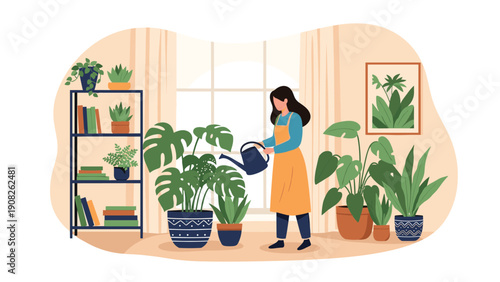 Young woman wearing an apron carefully waters her collection of indoor houseplants in a bright and cozy living room environment.