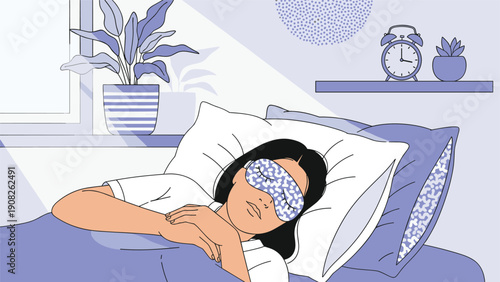 Young woman sleeps peacefully in a comfortable bed wearing a patterned sleep mask in a serene and well-lit bedroom environment.