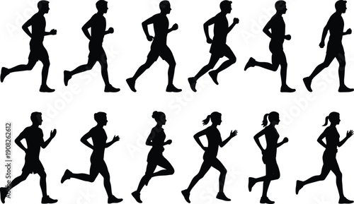 Silhouettes of Men and Women Running in Motion