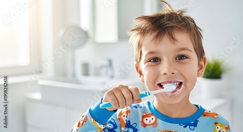 Portrait of Cheerful Young Boy Brushing His Teeth with Copy Space