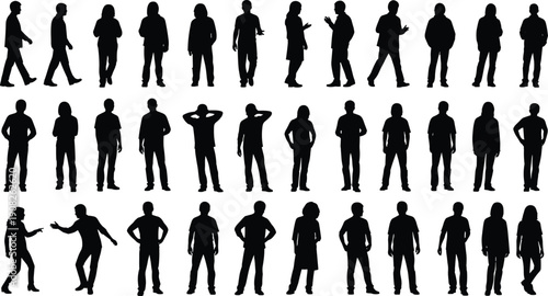 People silhouette vector set, black white clipart of walking standing gesturing figures, posture gesture illustration artwork design bundle