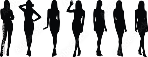 Six black silhouette women in various poses white background