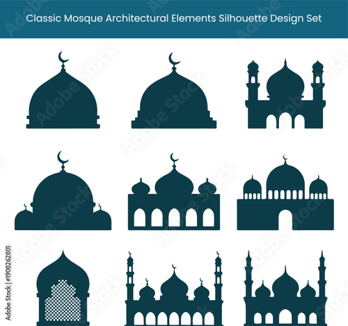 Classic Mosque Architectural Elements Silhouette Design Set
