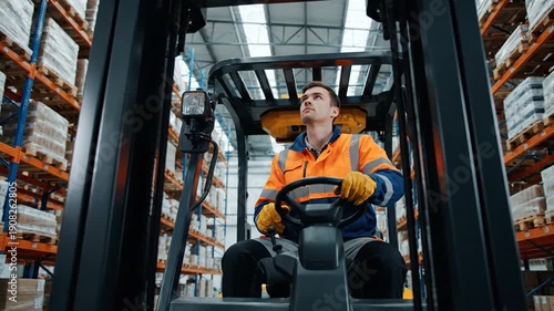 Warehouse worker operating forklift amidst stacked shelving units in a large storage facility from a low-angle viewpoint.