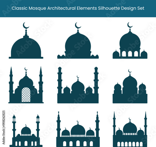 Classic Mosque Architectural Elements Silhouette Design Set