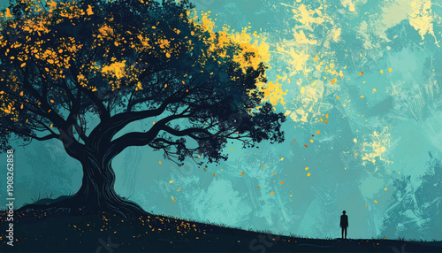 Majestic oak overlooking quiet emerald valley. Lone figure beneath sprawling canopy artwork. Serene woodland vista with dramatic silhouette