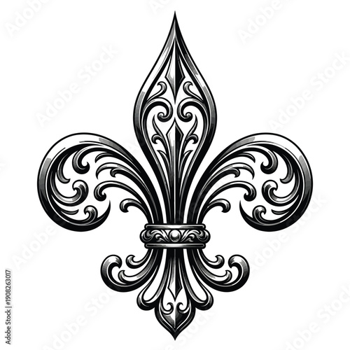 An ornate fleur de lis design detailed with swirling patterns and shading