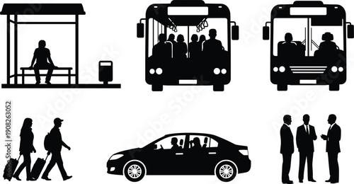 Silhouettes of people with luggage, buses, cars, and business groups symbolizing transportation, travel, and social interaction