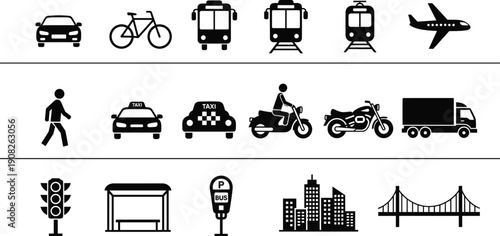 Icons of transportation and urban infrastructure including car, bus, train, airplane, taxi, scooter, motorcycle, truck, and city elements