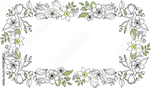 Elegant hand drawn floral border design featuring delicate line art spring blossoms and daffodil accents perfect for wedding invitations or decorative framing elements
