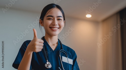 illustration of an Asian nurse in a navy blue uniform smiling and showing a thumbs up. She has a professional name tag on her chest and a silver stethoscope. The lighting is soft and professional. 