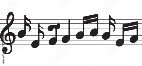 Musical notation staff with treble clef and various notes illustrating rhythm melody and harmony on white
