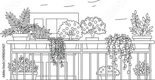 Beautiful line art drawing illustrating a collection of various potted plants and small fruit trees arranged neatly along an apartment balcony railing creating a lush urban garden space.