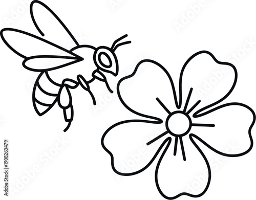 Simple black and white line art drawing depicting a cute bee approaching a five petal flower ready for pollination during the springtime season of renewal.