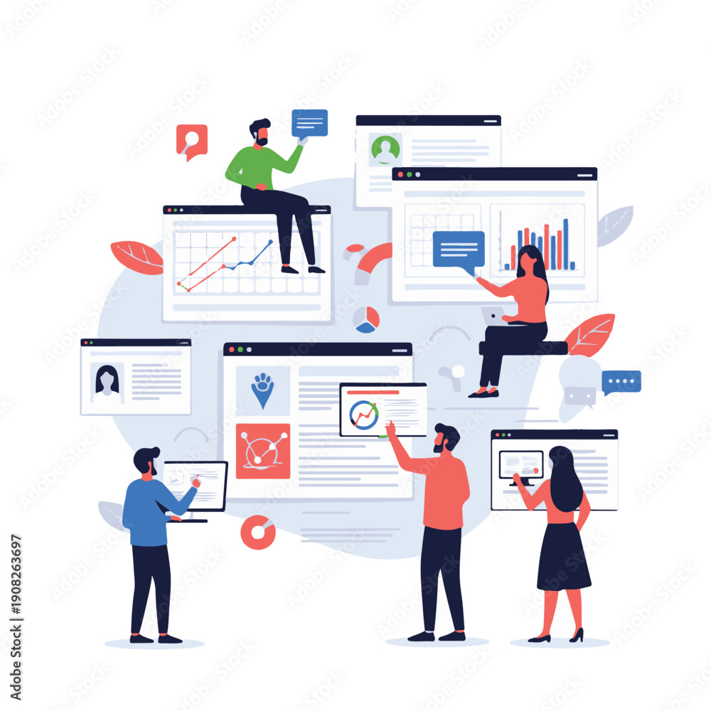 Obraz premium Modern Vector Illustration of a Collaborative Business Team Analyzing Data and Managing Digital Projects Across Multiple Online Platforms