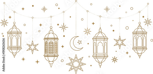 Islamic decorative design with golden lanterns, crescent moon, and stars in festive outline style for Ramadan and Eid