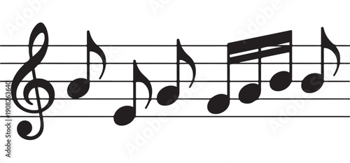 Staff with treble clef and notes showing rhythm and melody a simple musical composition on white background
