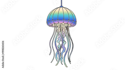 An illustration of a jellyfish with colorful tentacles hanging from above