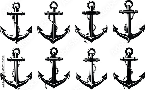 Silhouettes of anchors with varied rope and fluke designs arranged in rows for nautical and maritime themes
