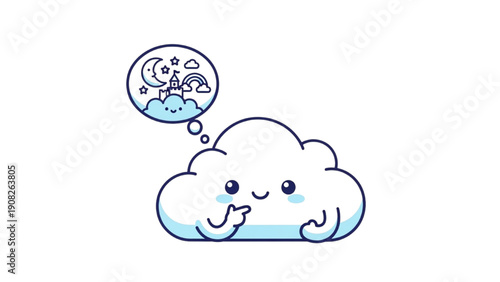 A cartoon cloud contemplating a refreshing rain shower with a smiling face