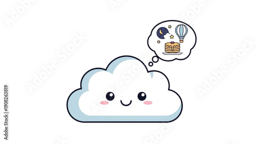 A smiling cloud thinks of a hot air balloon ride on a clear day with a happy face