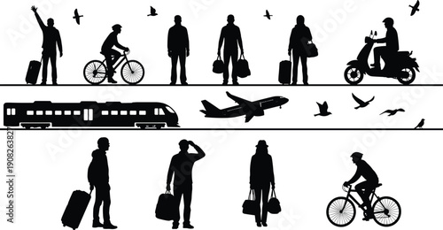 Silhouettes of people, luggage, bicycles, scooters, train, and airplane symbolizing diverse travel and transportation modes