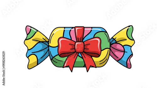 Colorful candy illustration with red bow on transparent background viewed from front