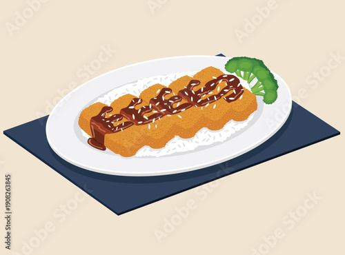 crispy tofu or tonkatsu served over white rice with savory glaze, sesame seeds, and broccoli on a white plate, perfect for Japanese cuisine